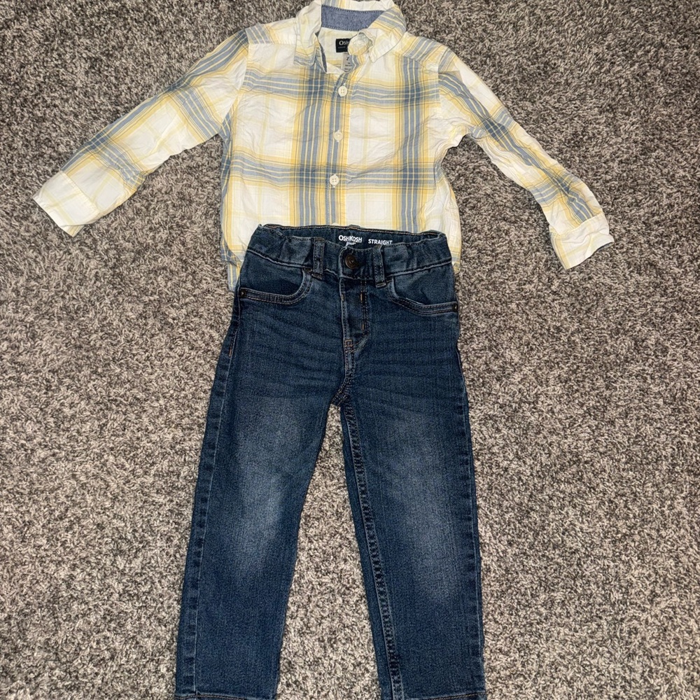 OshKosh B'gosh Yellow and Blue Plaid Shirt with Blue Jeans